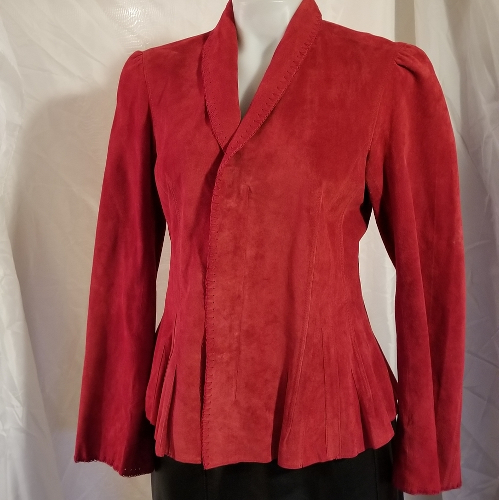 Womens Red Suede Jacket Taylored Size 8 100% Leather Suade Coat